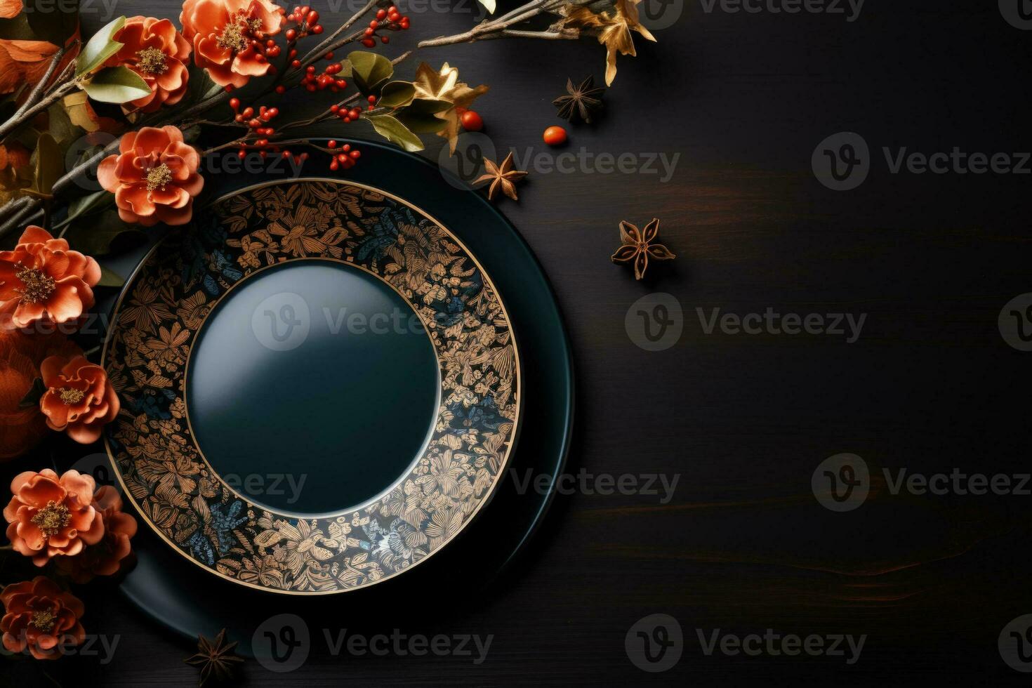 Festive table setting featuring dragon motifs for New Year background with empty space for text photo