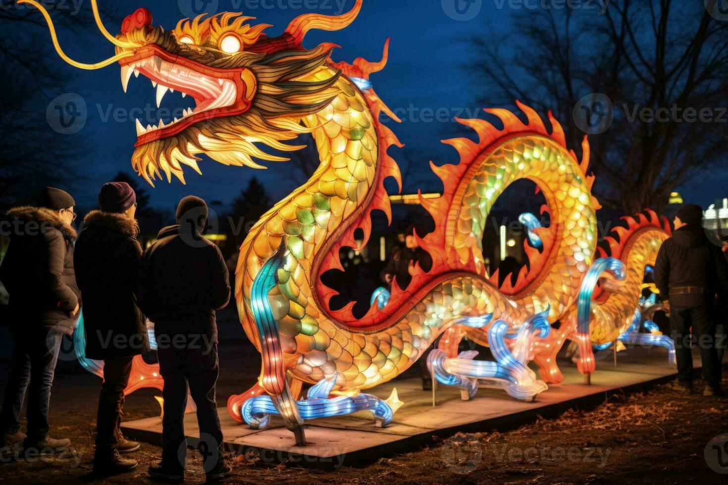 Vibrant dragon lanterns illuminating Lunar New Year festivities photo