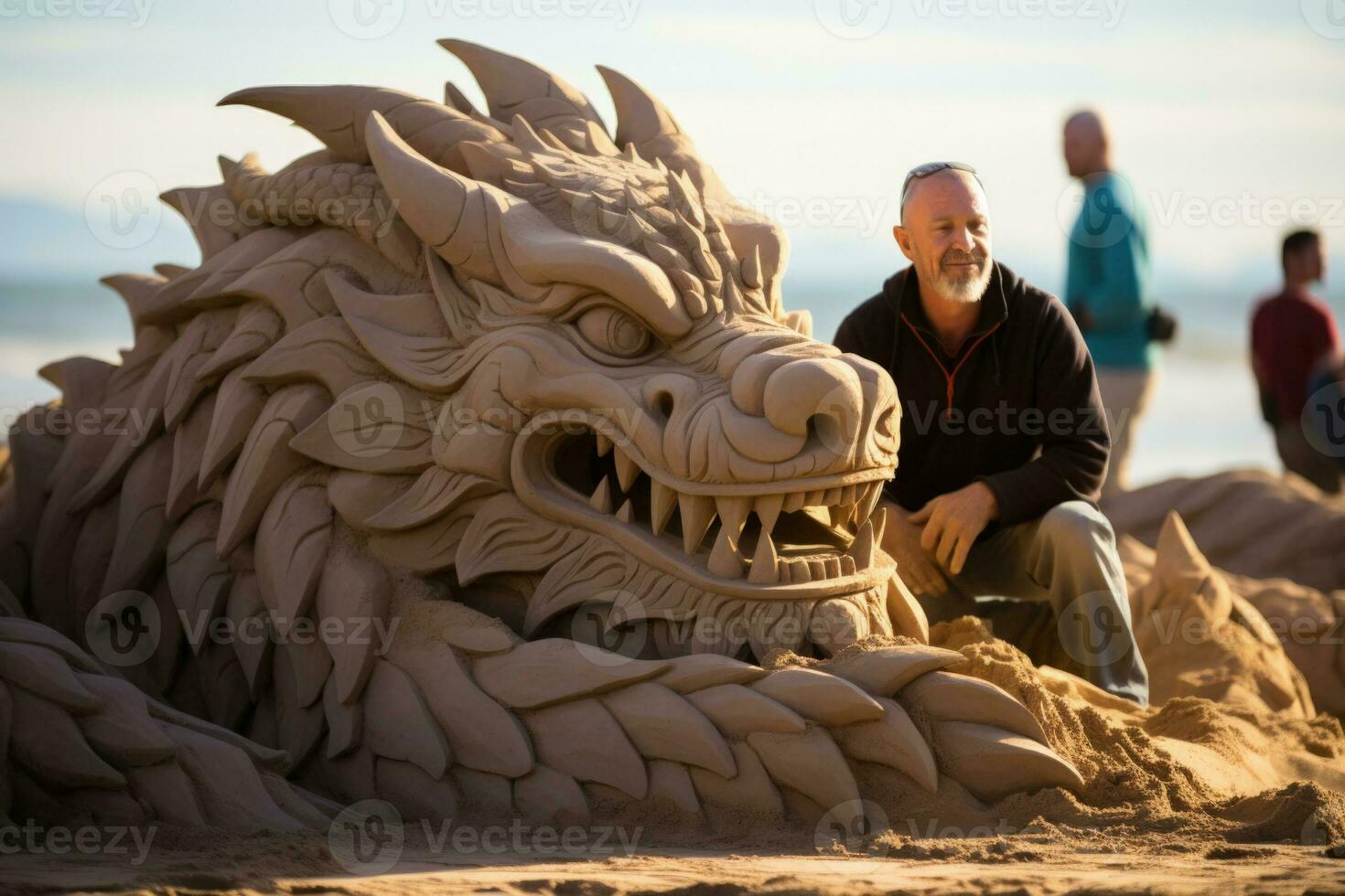 Sand sculptors creating dragon masterpieces at New Year beach festivals photo