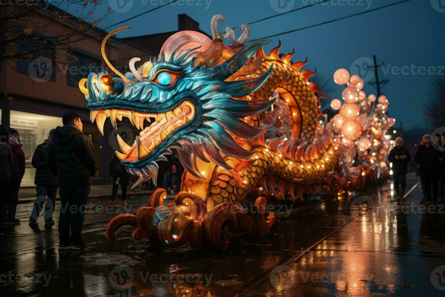 Dragon float procession lighting up New Years municipal parade festivities photo
