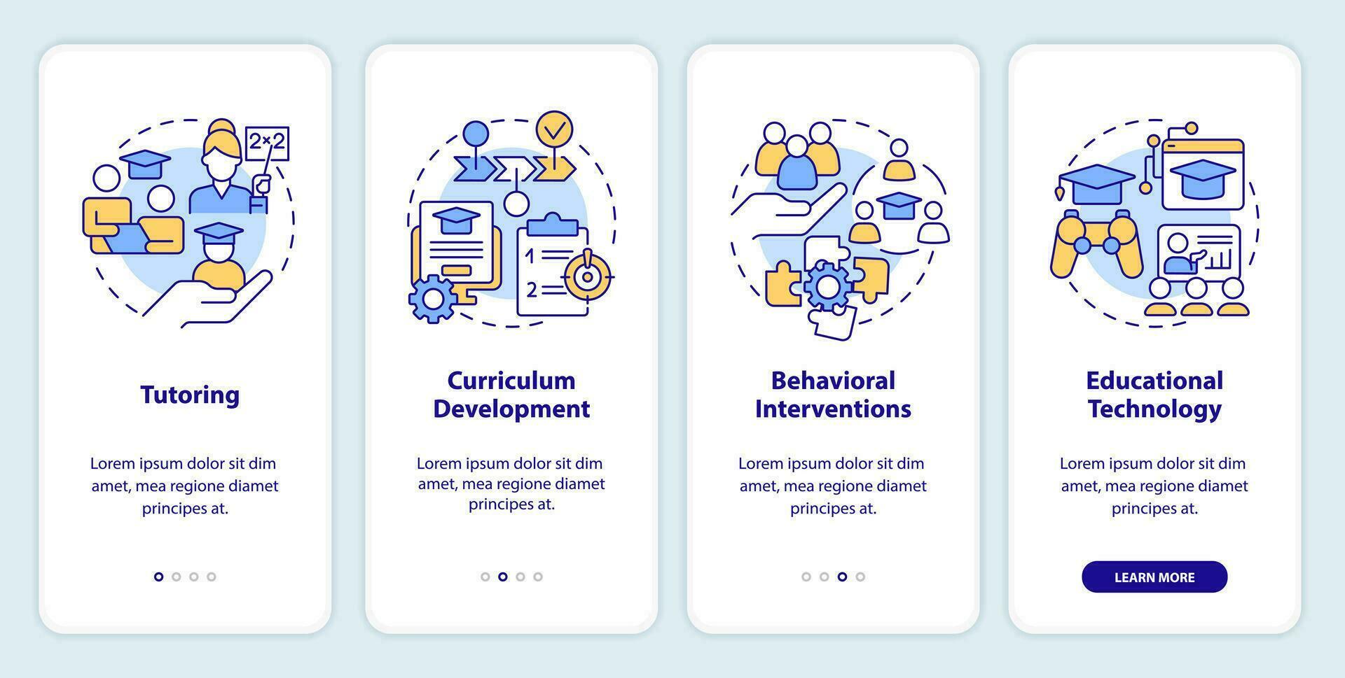 2d íconos representando aprendizaje teorías móvil aplicación pantalla colocar. recorrido 4 4 pasos vistoso gráfico instrucciones con línea íconos concepto, ui, ux, gui modelo. vector