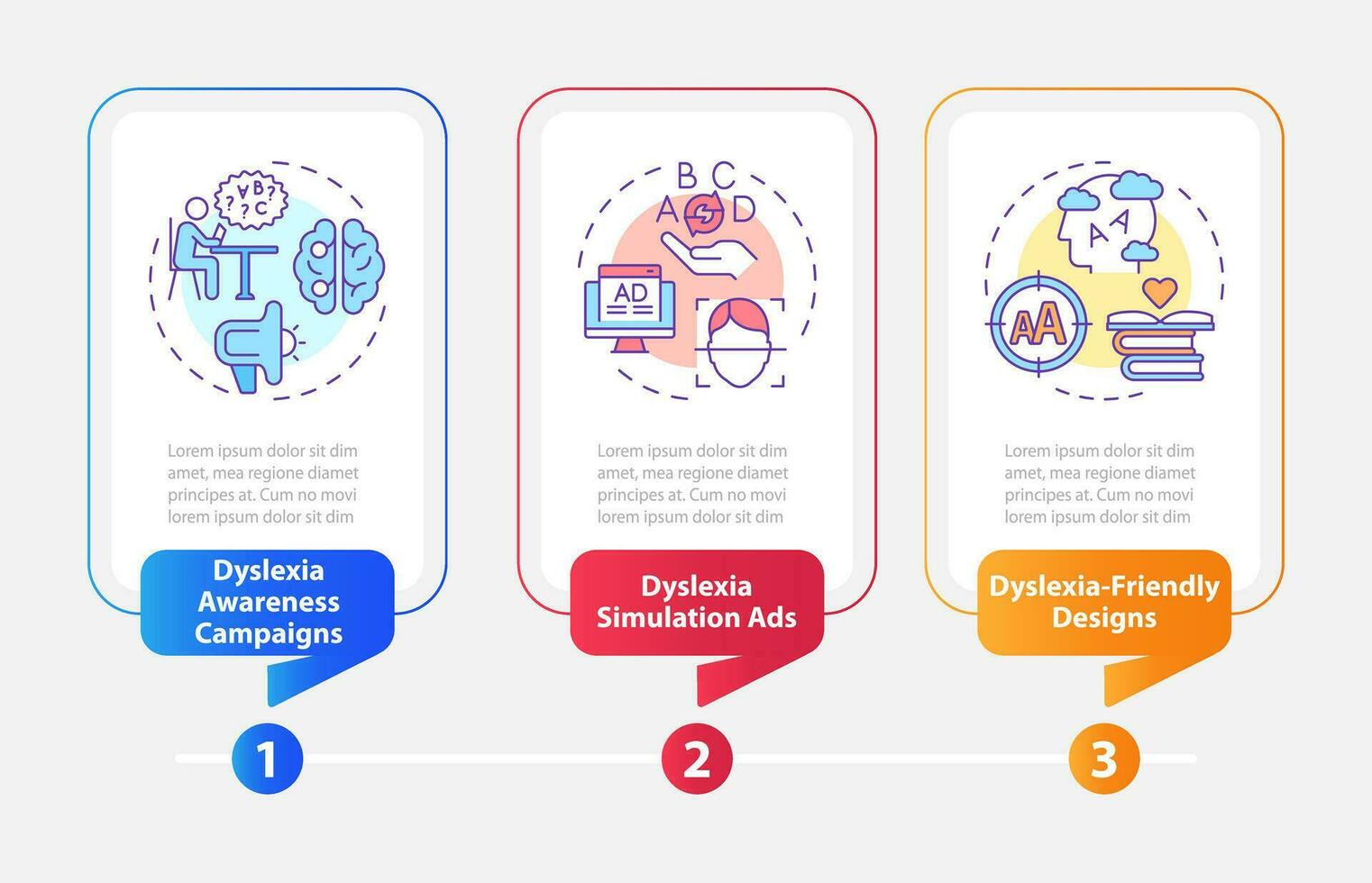 2D dyslexia vector infographics template with linear colorful icons concept, data visualization with 3 steps, process timeline chart.