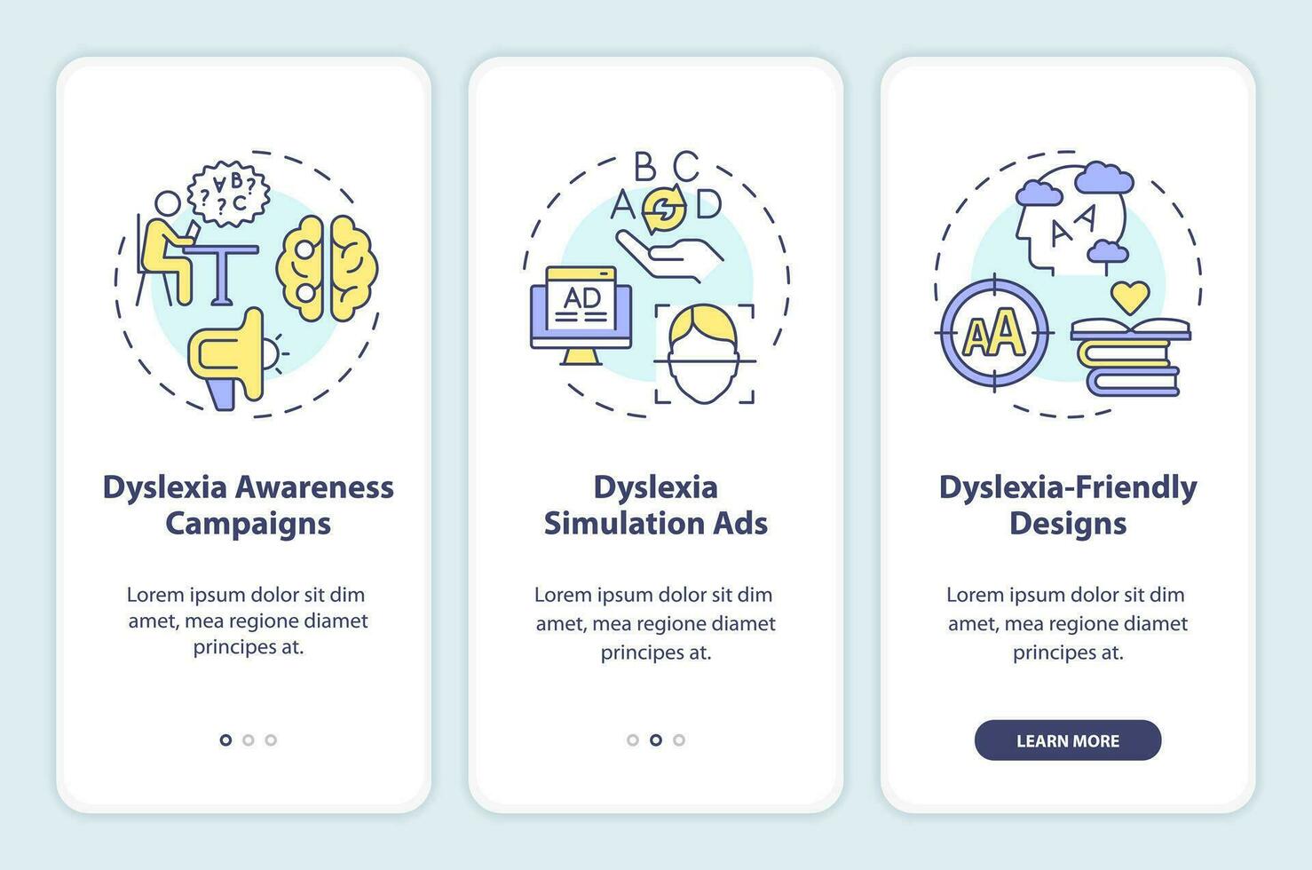 2D colorful icons representing dyslexia mobile app screen set. Walkthrough 3 steps graphic instructions with thin line icons concept, UI, UX, GUI template. vector