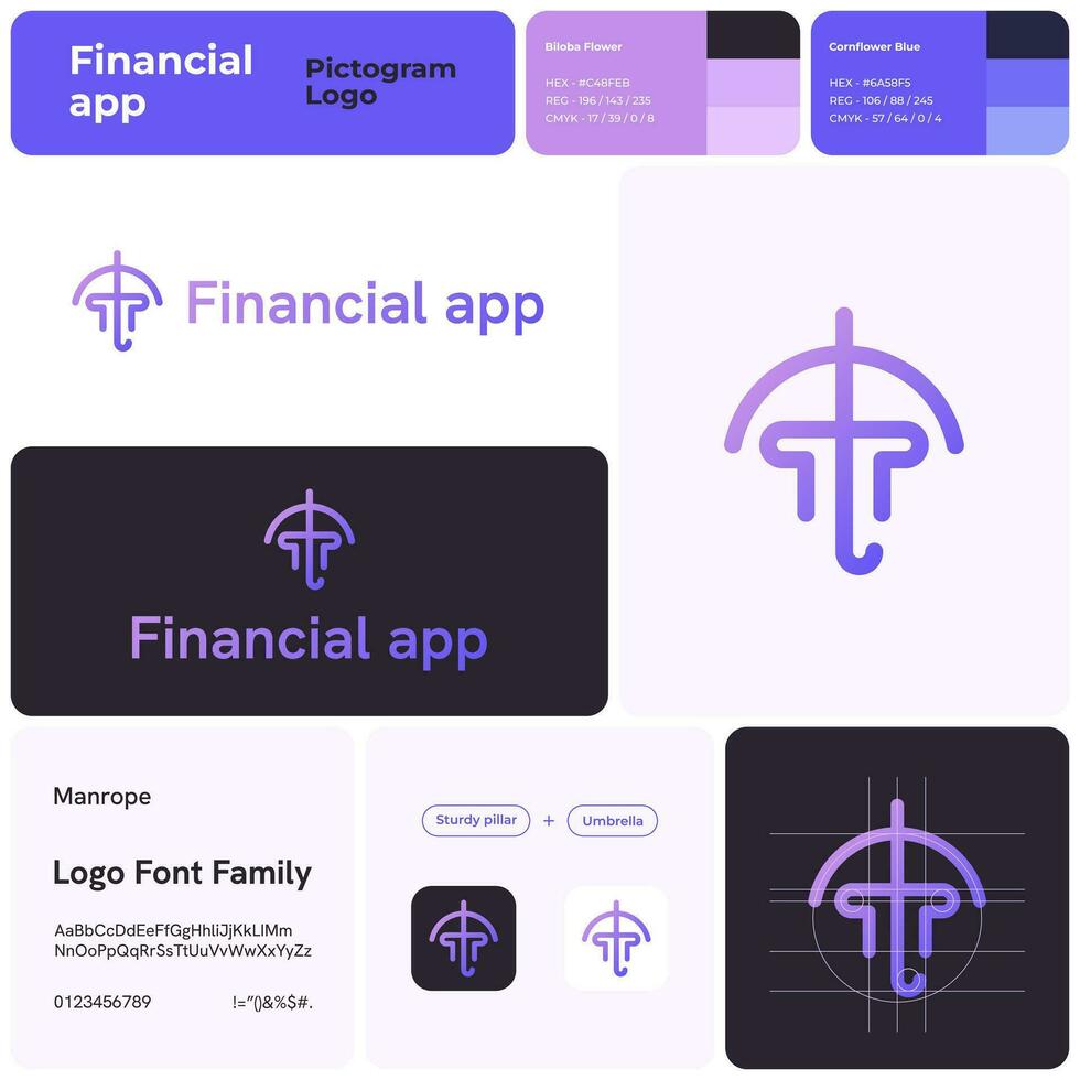 2d financiero aplicación creativo línea negocio logo con marca nombre. robusto pilar y paraguas icono. diseño elemento y visual identidad. modelo con cuerda de mano fuente. adecuado para Finanzas y inversión aplicación vector