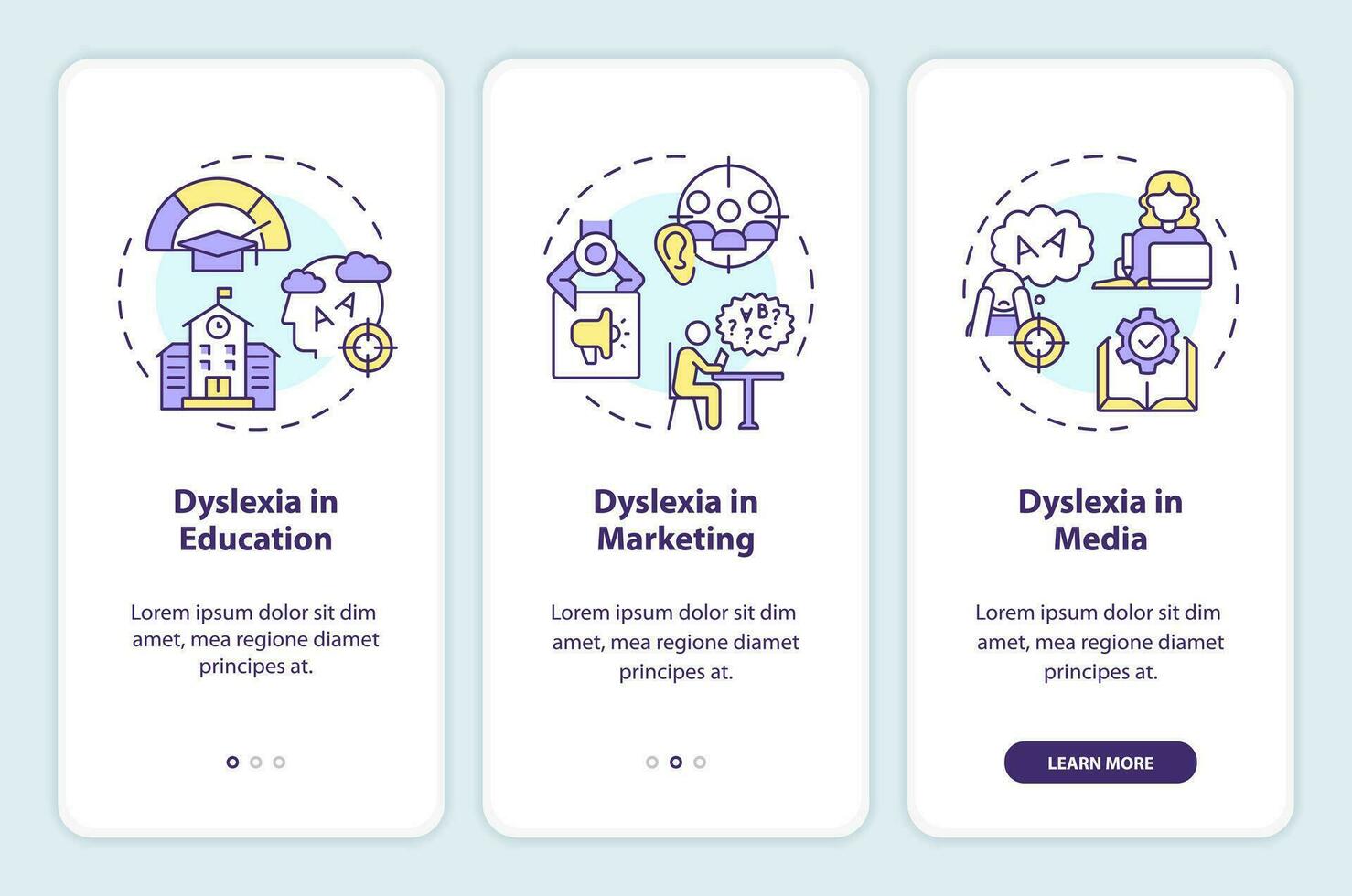 2D icons representing dyslexia mobile app screen set. Walkthrough 3 steps multicolor graphic instructions with line icons concept, UI, UX, GUI template. vector