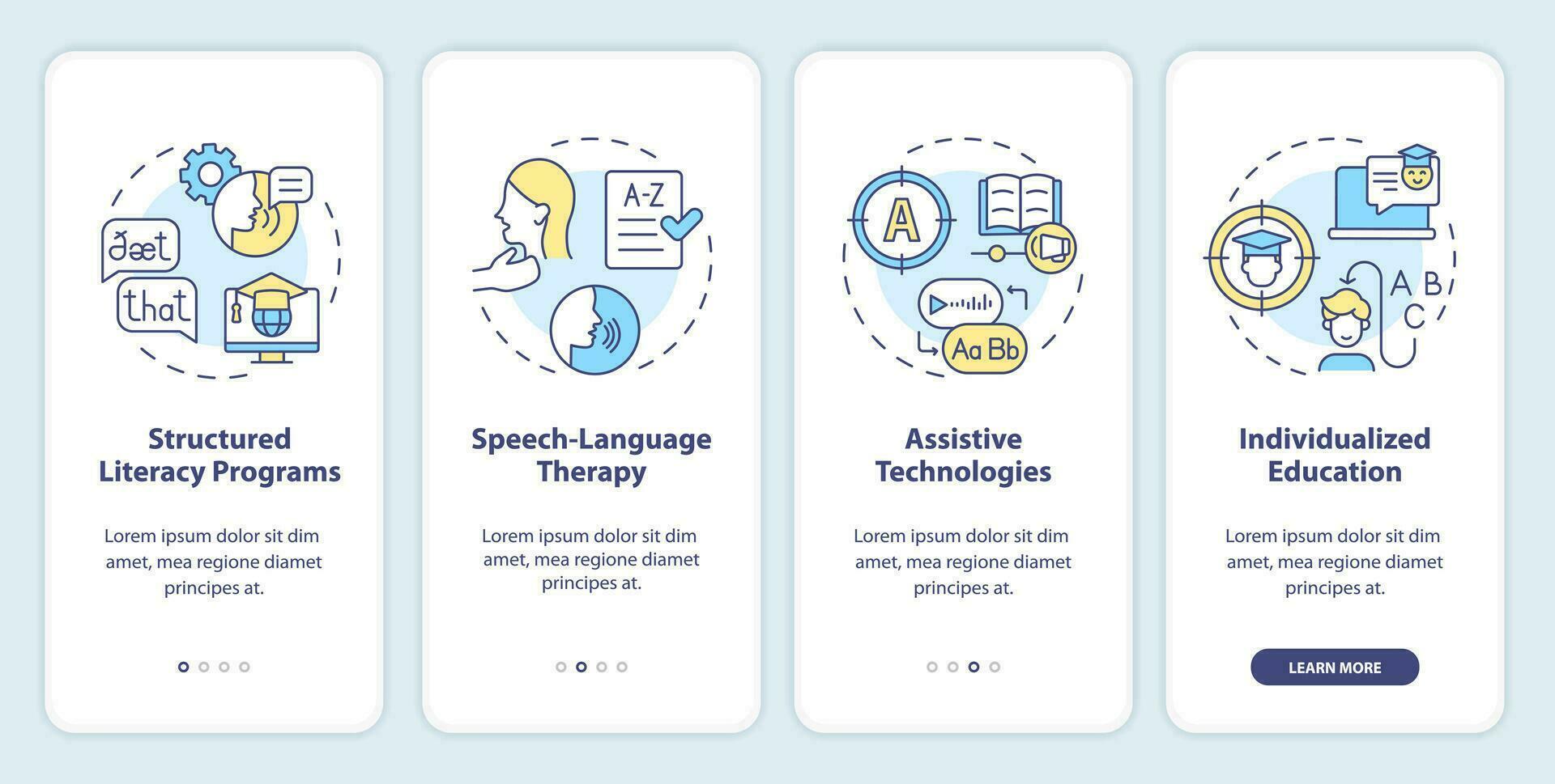 2D multicolor icons representing dyslexia mobile app screen set. Walkthrough 4 steps graphic instructions with thin line icons concept, UI, UX, GUI template. vector