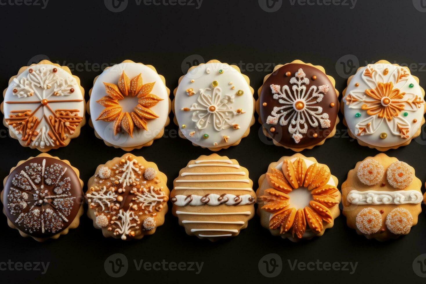 Diverse holiday cookies arranged for gifting isolated on a gradient background photo
