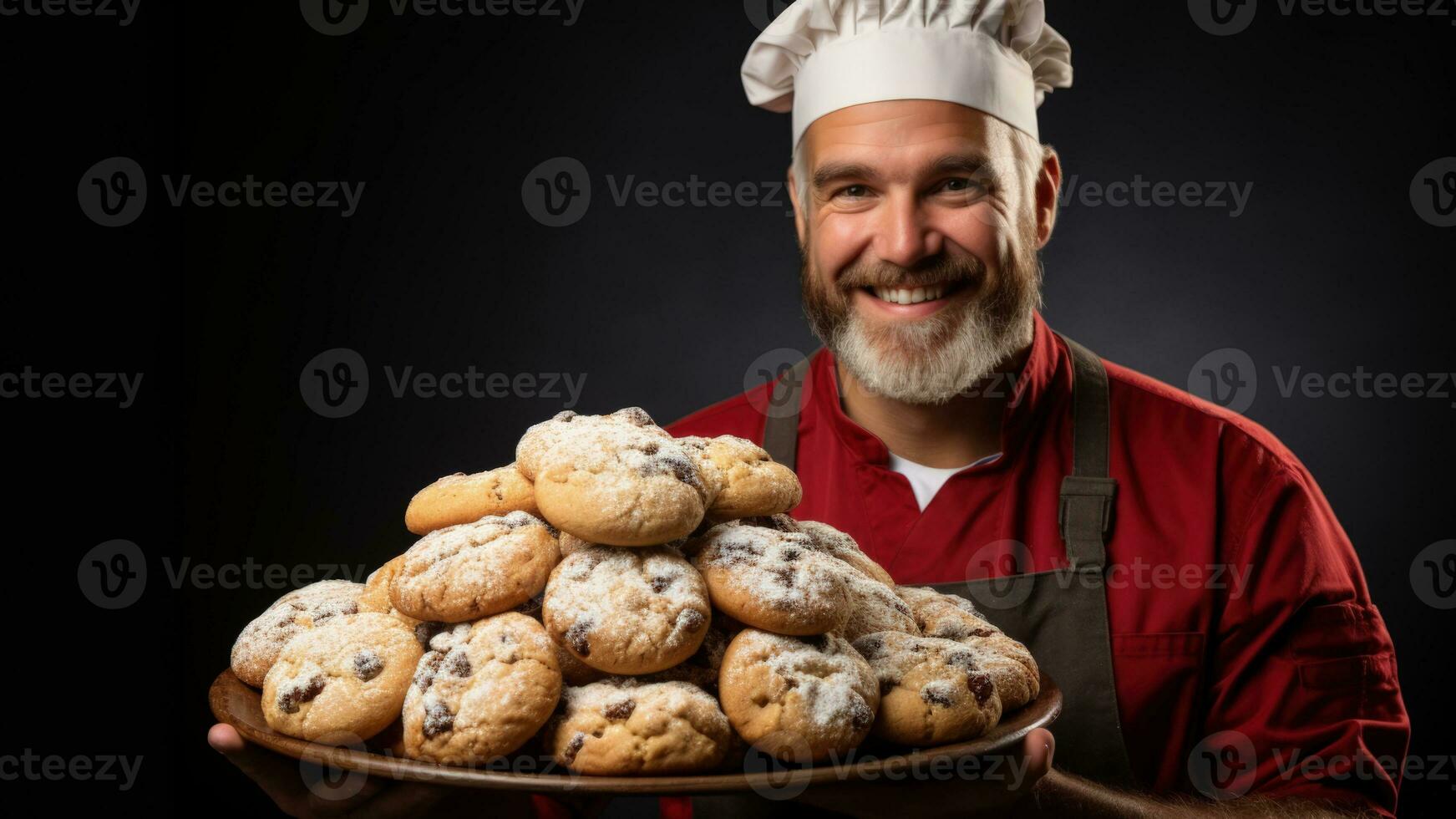 Baker presenting homemade Christmas cookies isolated on a gradient background photo