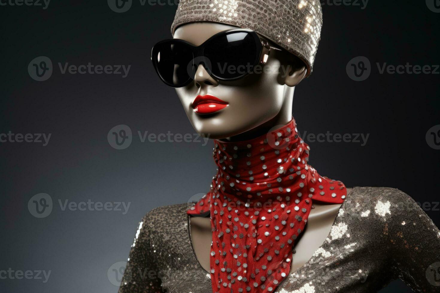 Mannequin adorned in sparkling holiday attire isolated on a gradient background photo