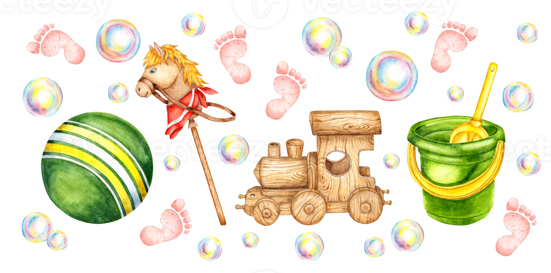Watercolor illustration of a set of children's toys green ball, horse, wooden train, bucket, footprint and soap bubbles. Patterns for children clothing, textiles, wallpaper, wrapping paper, png