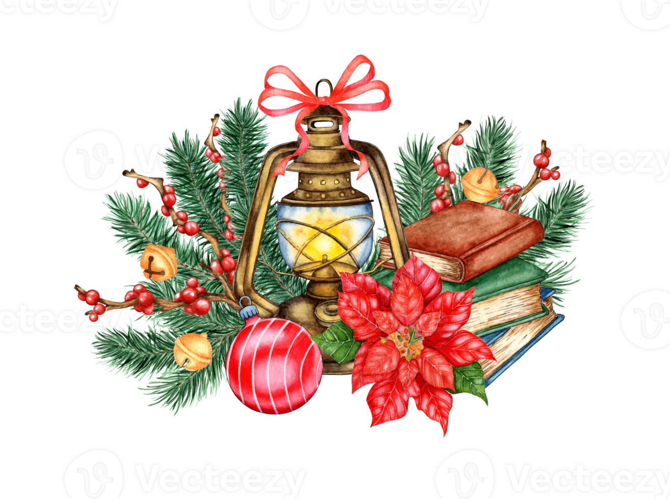 Watercolor illustration of a retro lantern with books, fir branches, poinsettia, red berries on the branches, bells and a toy ball. Isolated. Composition for the design of souvenirs, cards, posters, png