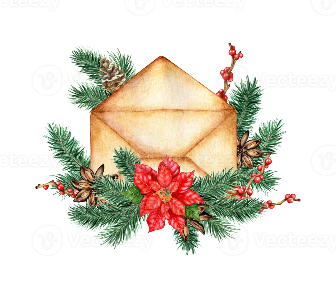 Watercolor illustration of Christmas envelope with decor. Hand painted fir branch, poinsettia, cinnamon, pine cones and red berries isolated. Holiday composition for design, print or background png
