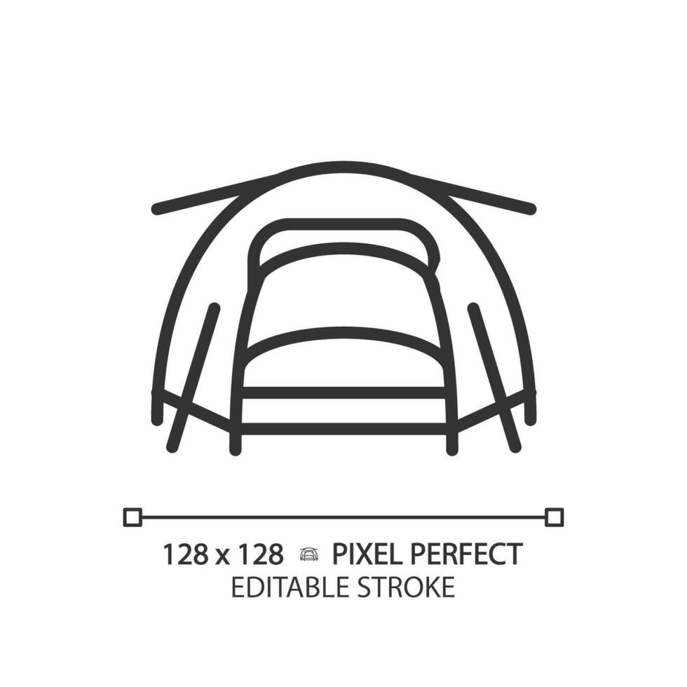 2D pixel perfect black tent icon, isolated vector, editable hiking gear thin line illustration. vector