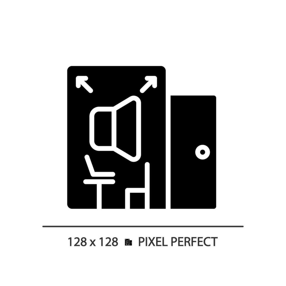 2D pixel perfect soundproof room glyph style icon, isolated vector, soundproofing solid illustration. vector
