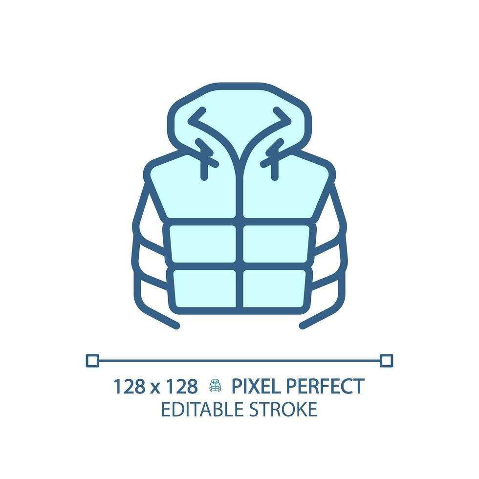 2D pixel perfect blue padded jacket icon, isolated vector, editable hiking gear thin line illustration. vector