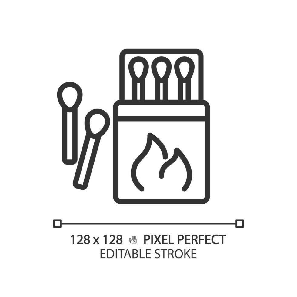 2D pixel perfect black match box and sticks icon, isolated vector, editable hiking gear thin line illustration. vector