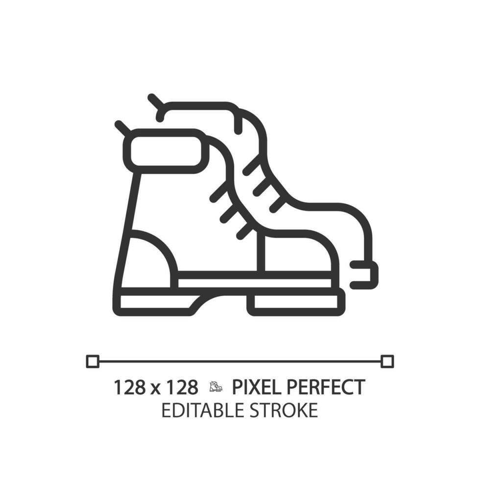 2D pixel perfect black hiking boot icon, isolated vector, editable hiking gear thin line illustration. vector