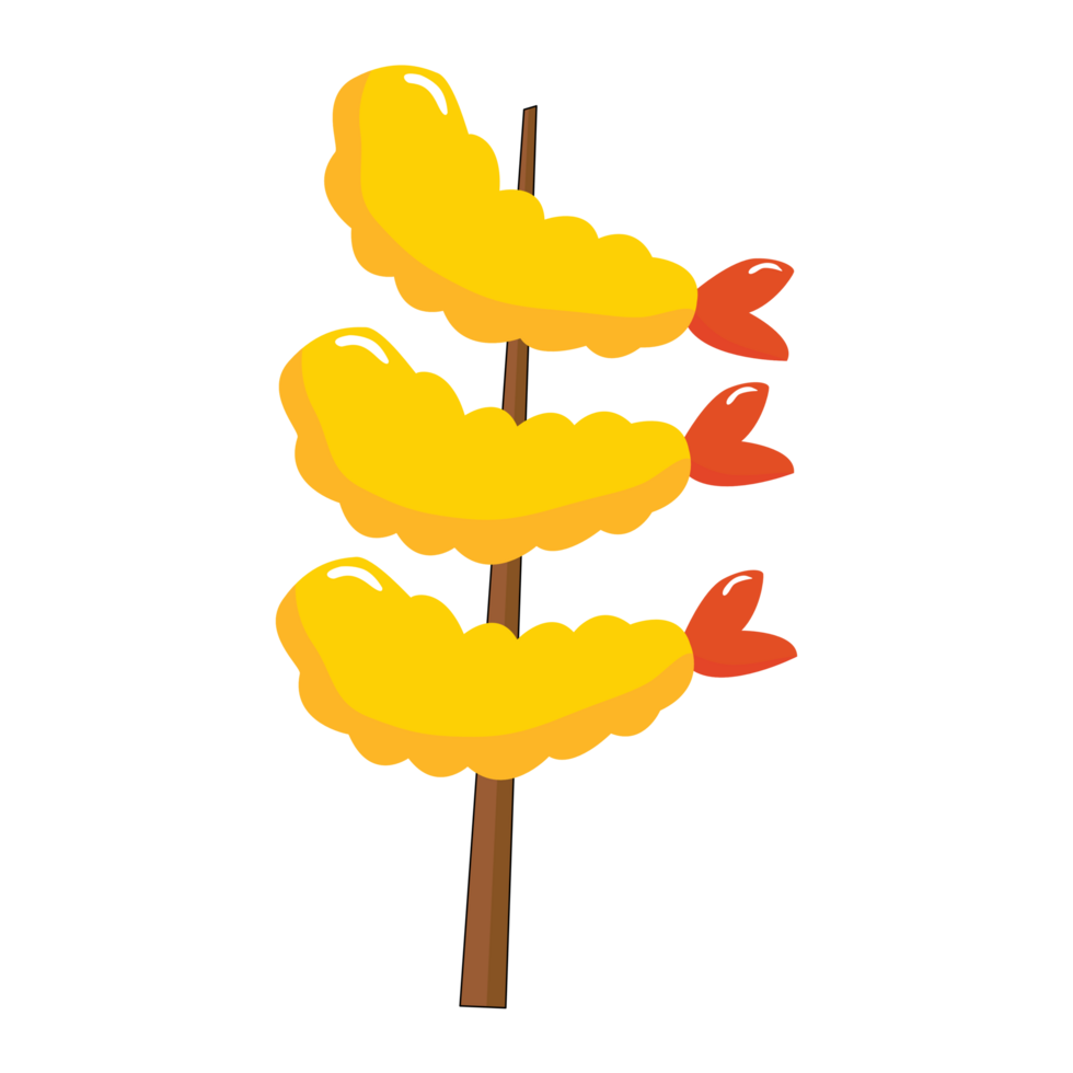 Fried Shrimps on a skewer. Cartoon seafood asian food png