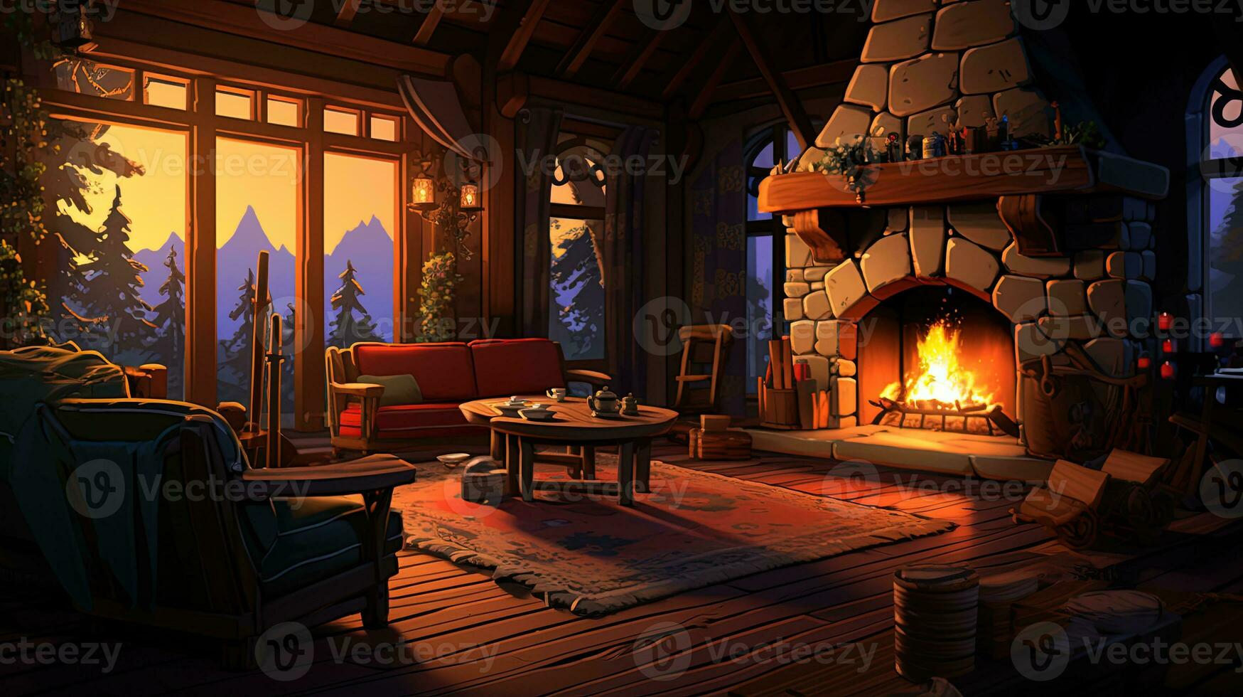 Living room interior with fireplace with a view of the mountains from the window. Room cartoon style. Generative AI photo