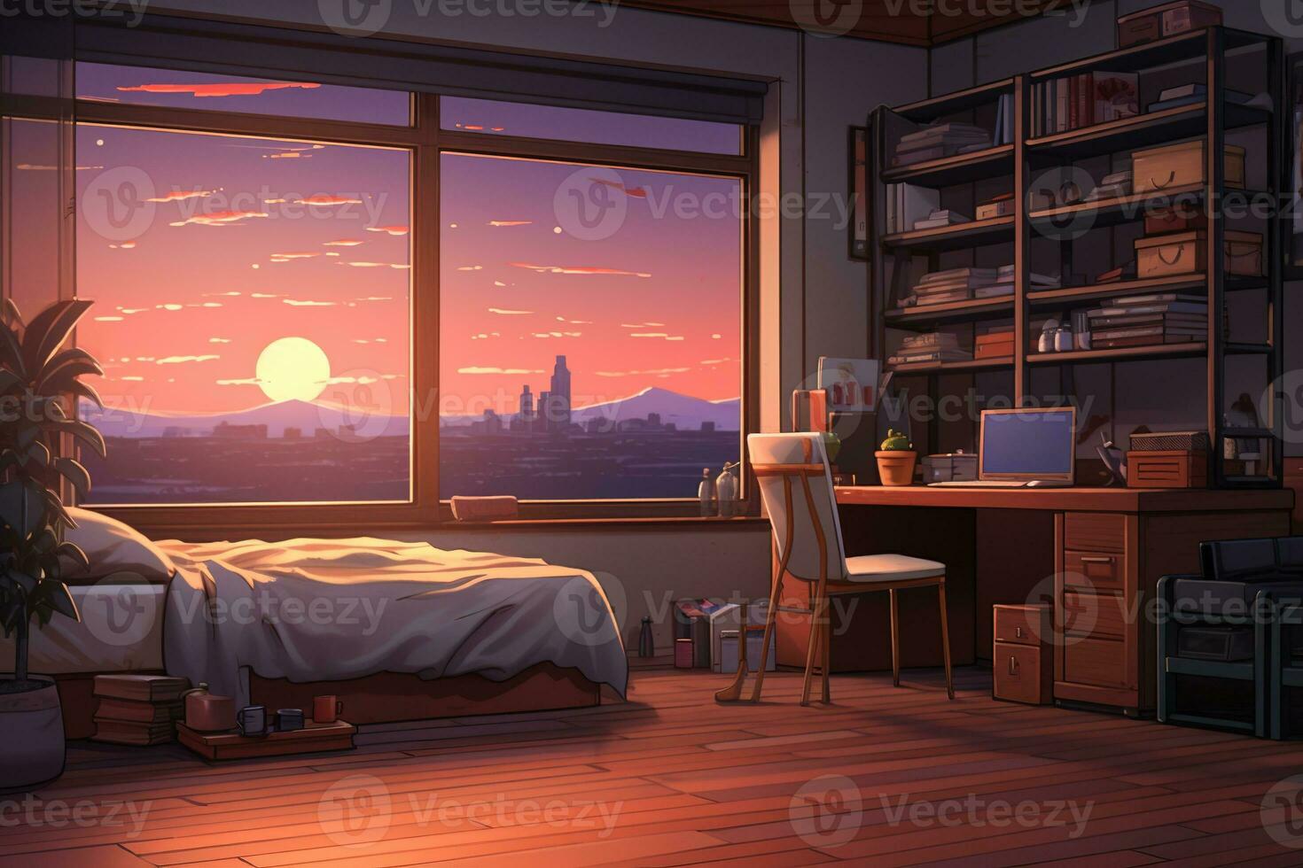 Bedroom interior with city view from window. Room cartoon style ...