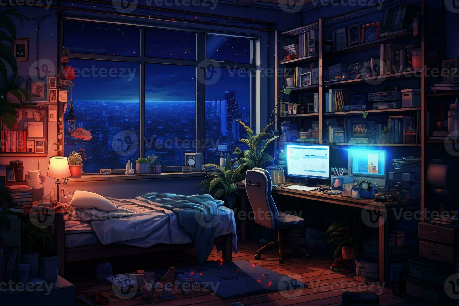 Bedroom interior with city night view from window. Room cartoon style. Generative AI photo