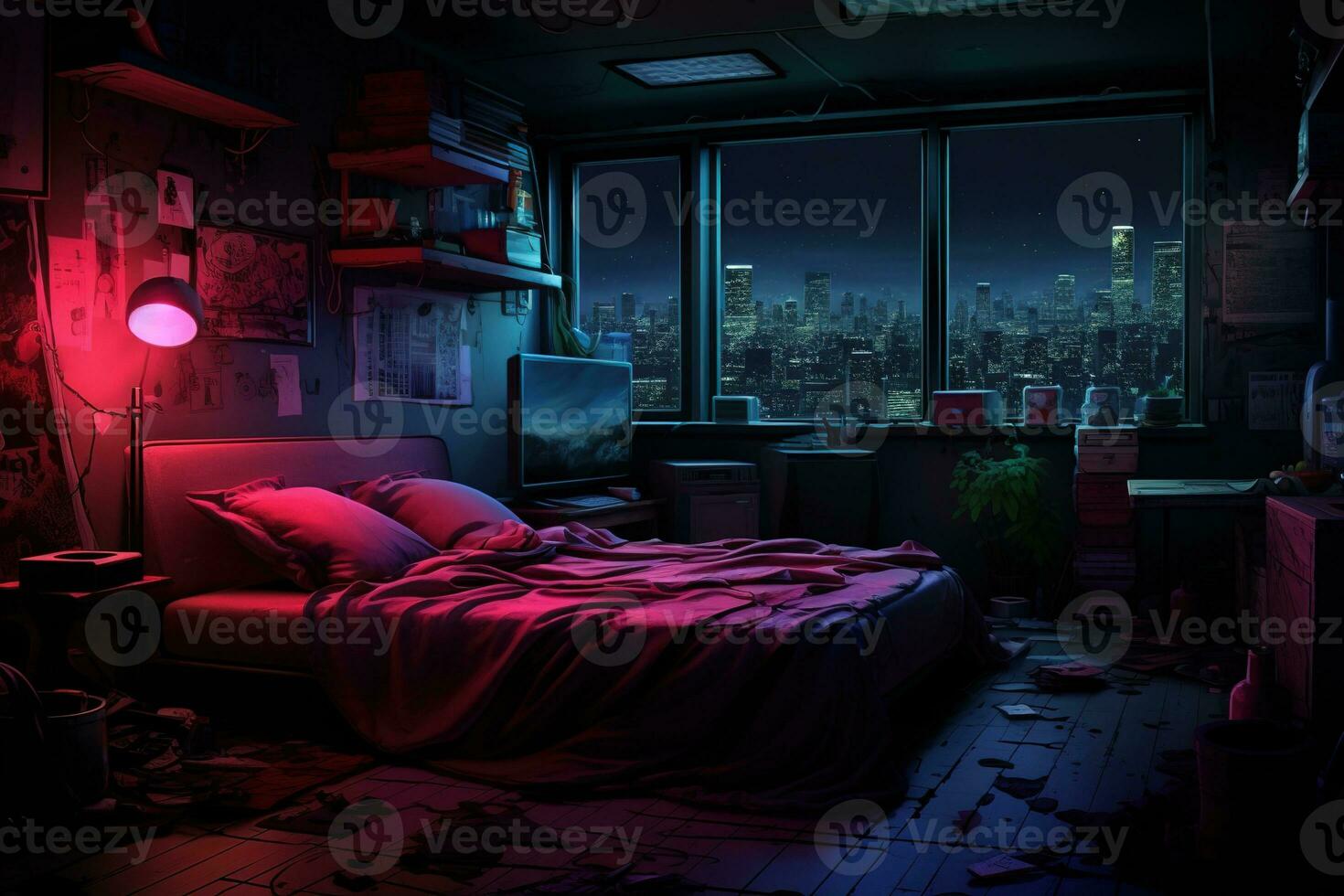 Bedroom interior with city view from window. Room cartoon. Generative AI photo