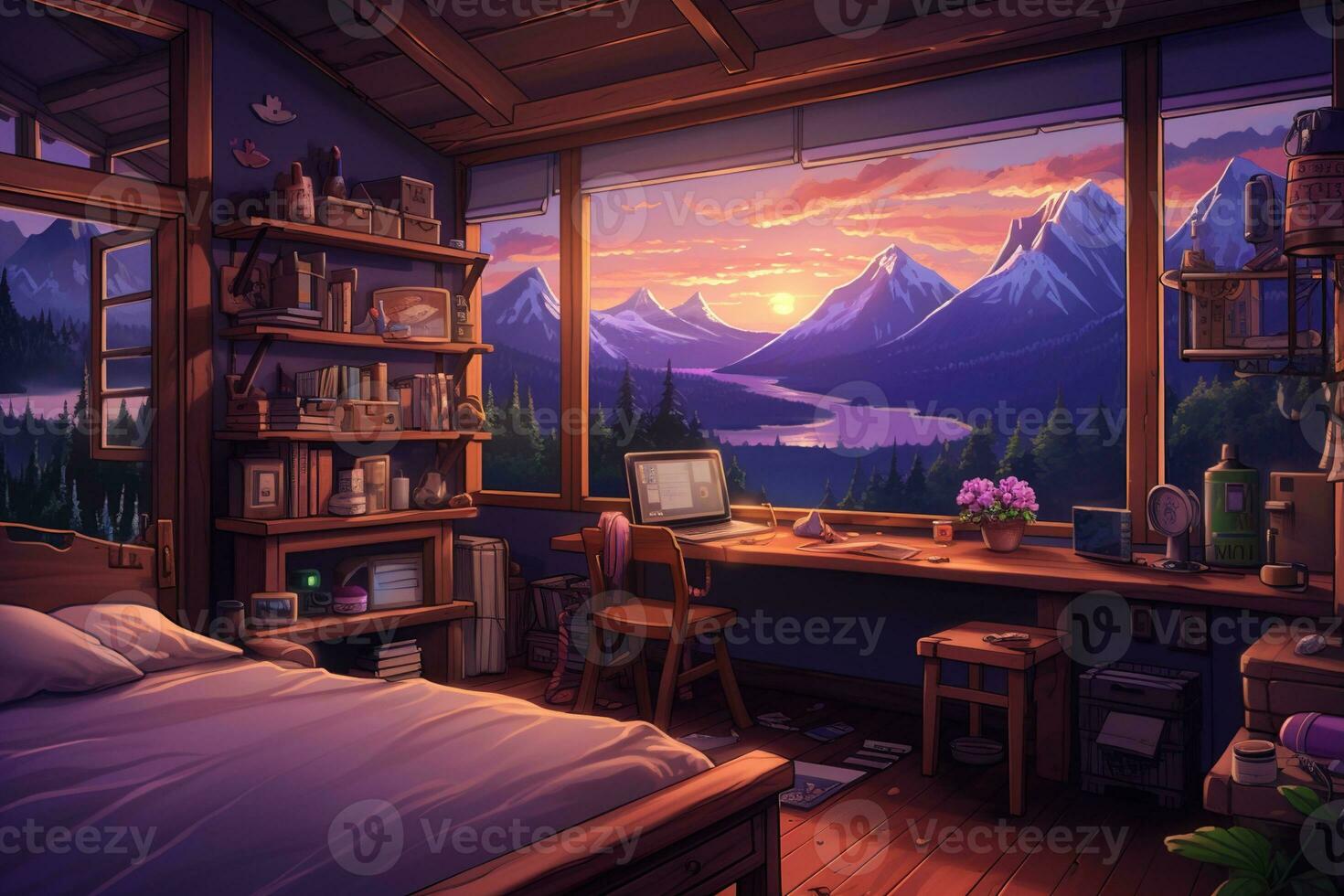 Bedroom interior with a view of the mountains from the window. Room cartoon style. Generative AI photo