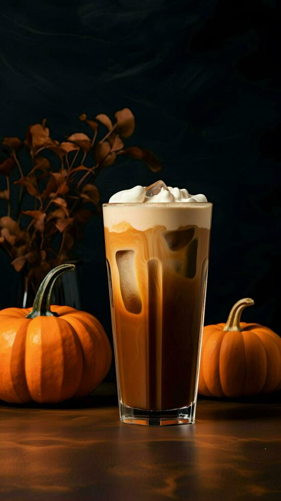 Pumpkin spice latte, iced coffee background photo, Generative AI photo