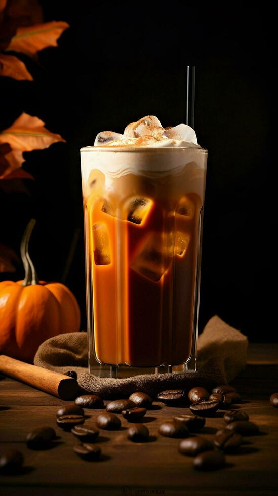 Pumpkin spice latte, iced coffee background photo, Generative AI photo