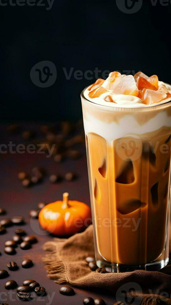 Pumpkin spice latte, iced coffee background photo, Generative AI photo