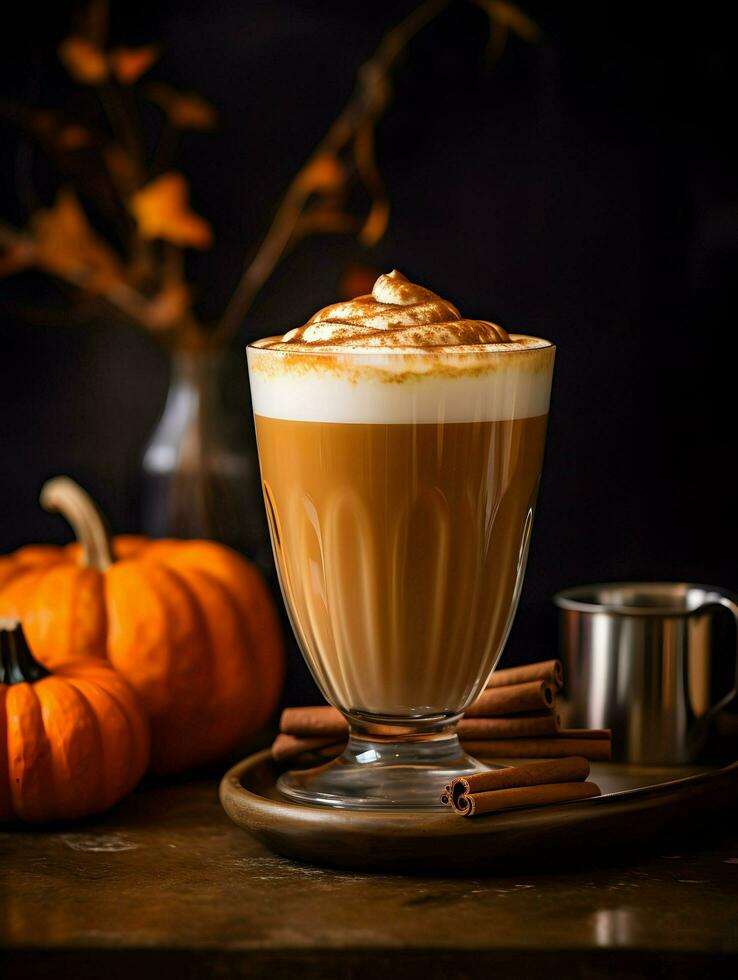 Pumpkin spice latte, iced coffee background photo, Generative AI photo