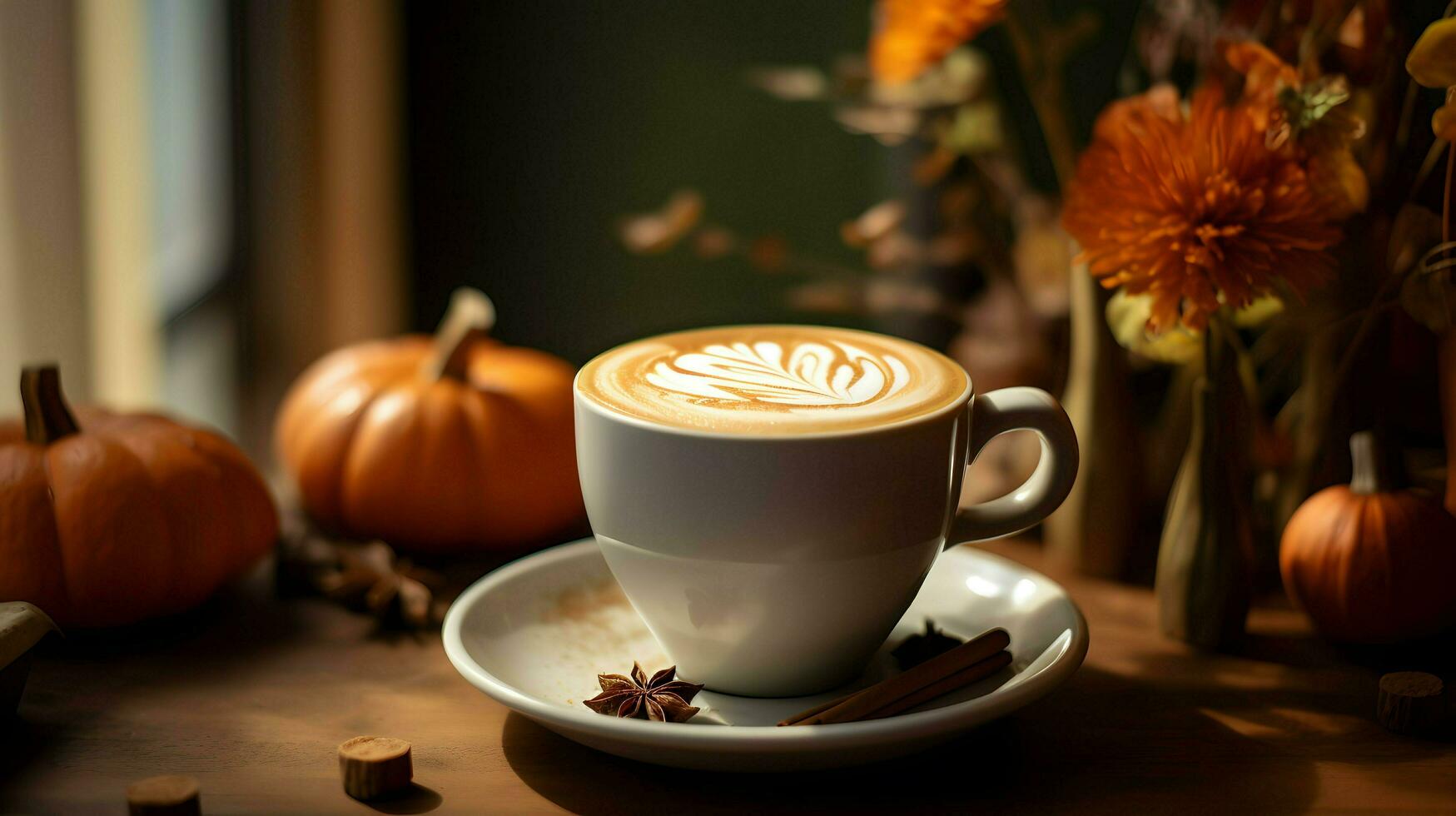 Pumpkin spice latte, iced coffee background photo, Generative AI photo