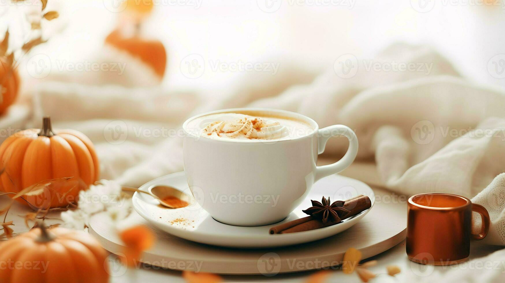 Pumpkin spice cup of tea stock photo, cozy teatime autumn drink, Generative AI photo