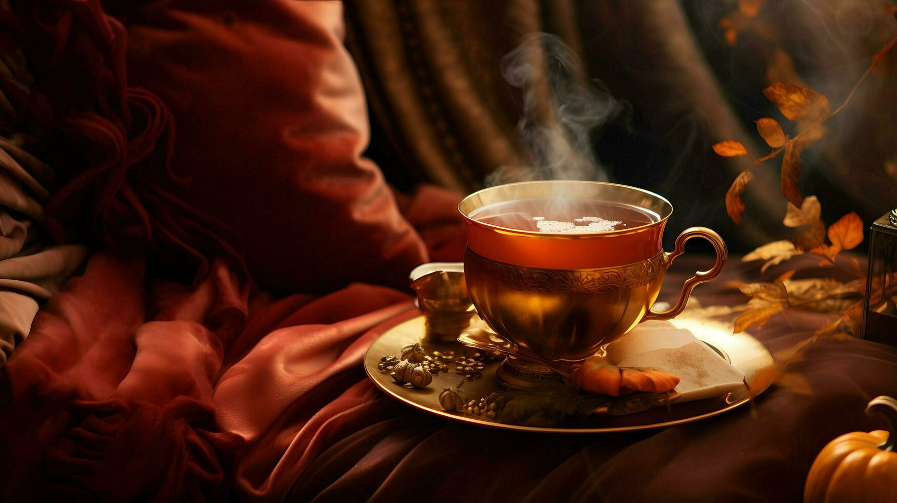 Pumpkin spice cup of tea stock photo, cozy teatime autumn drink, Generative AI photo