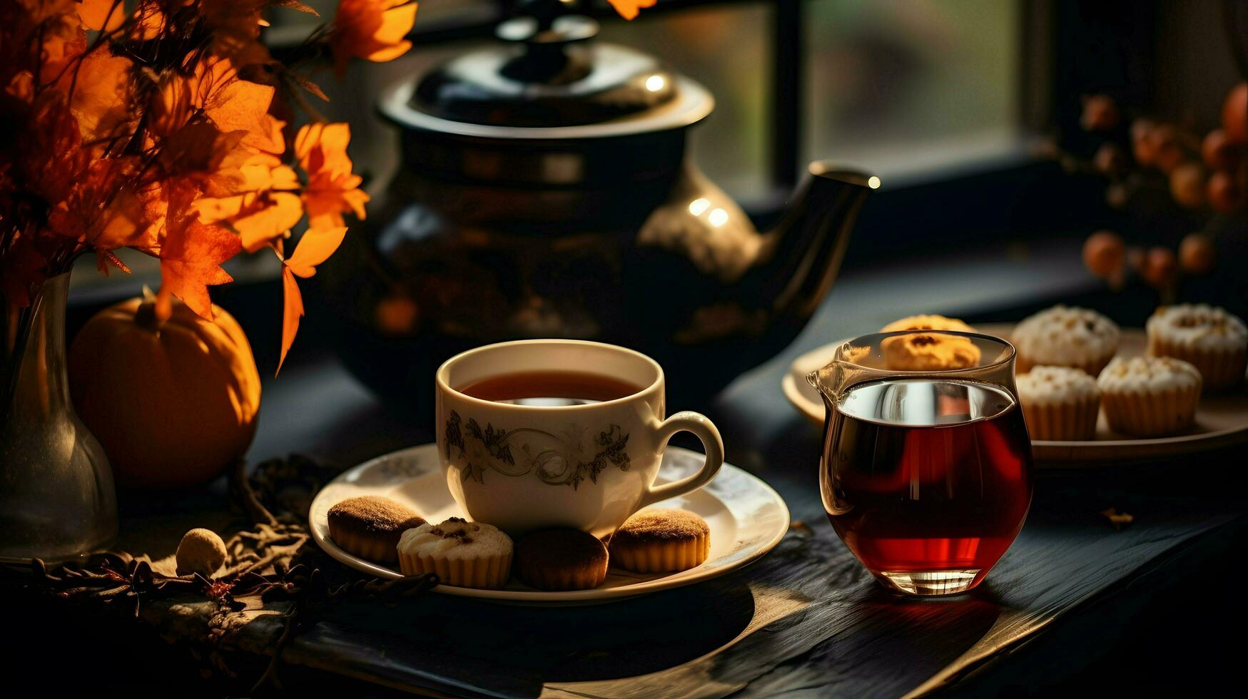 Pumpkin spice cup of tea stock photo, cozy teatime autumn drink, Generative AI photo