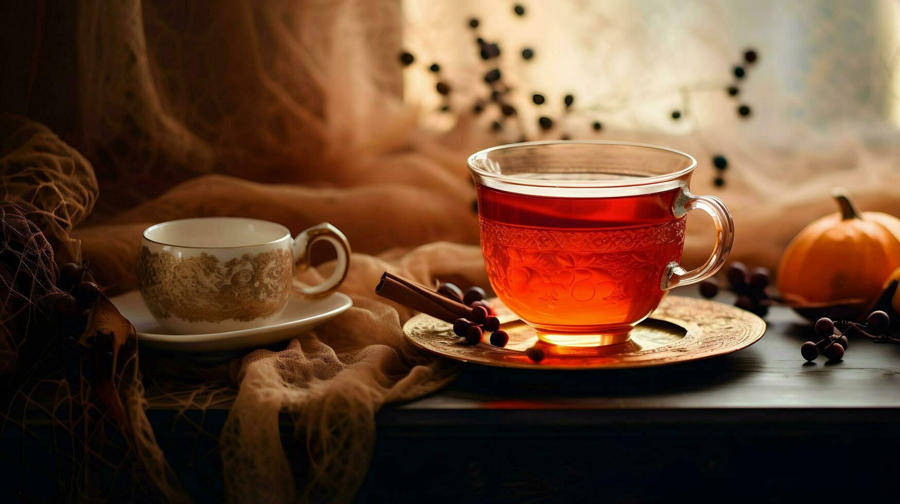 Pumpkin spice cup of tea stock photo, cozy teatime autumn drink, Generative AI photo