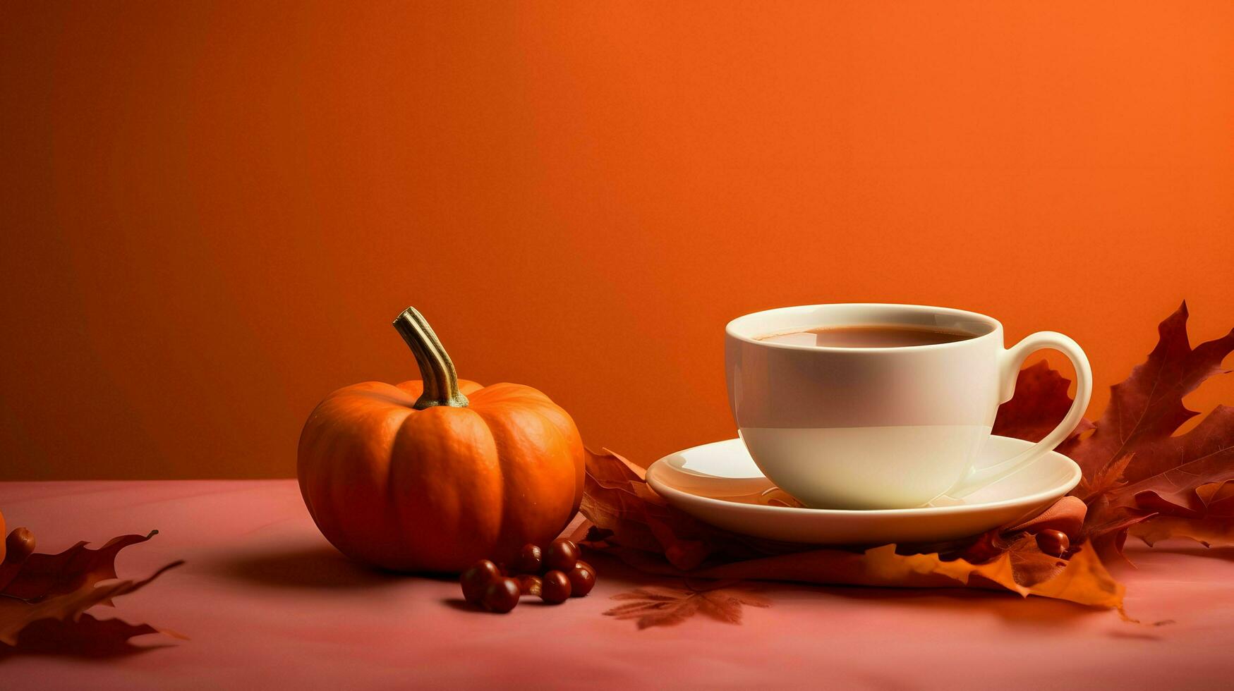 Pumpkin spice cup of tea stock photo, cozy teatime autumn drink, Generative AI photo