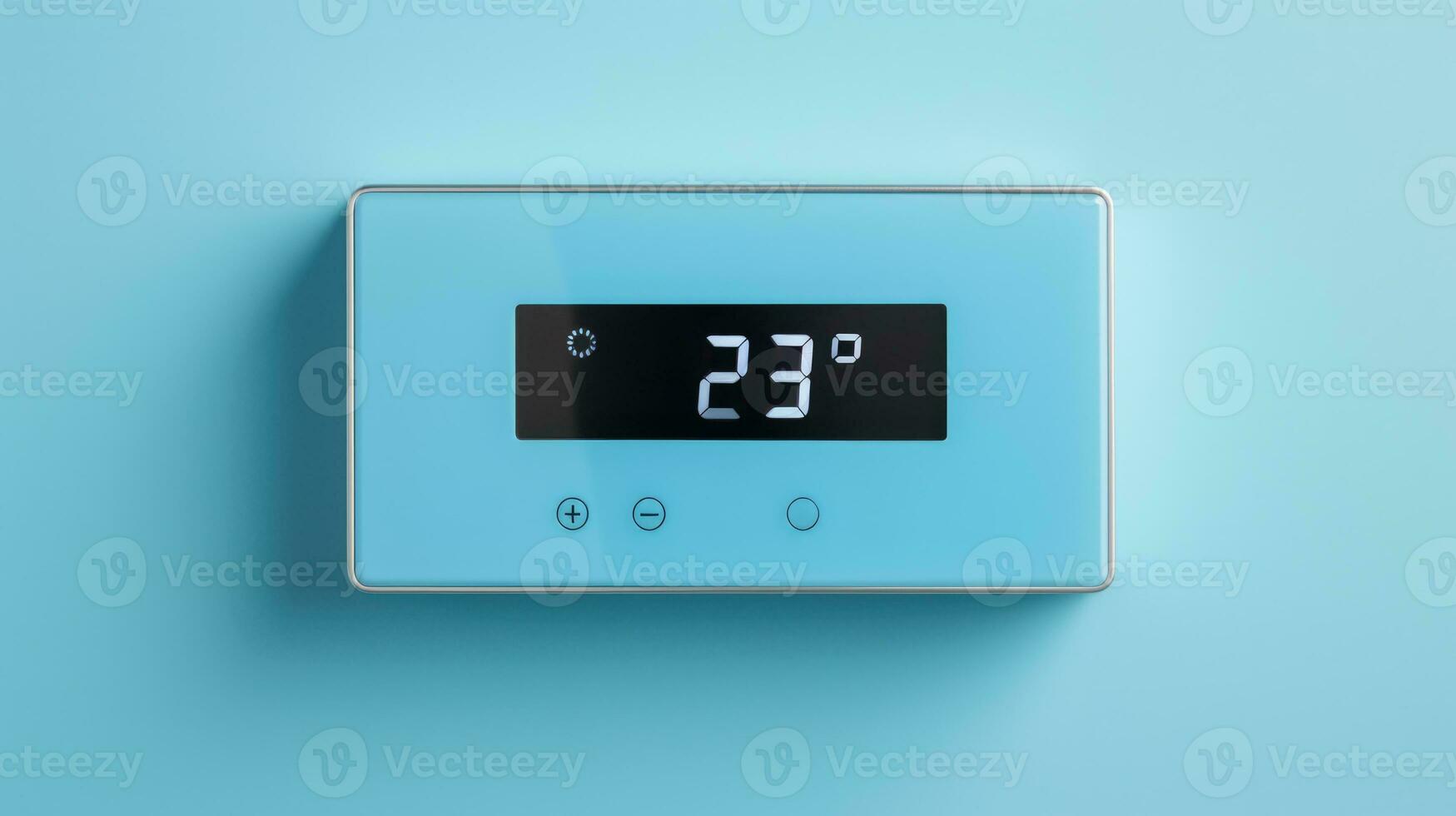 A digital programmable thermostat in electrifying shades of vivid blue and polished silver background with empty space for text photo