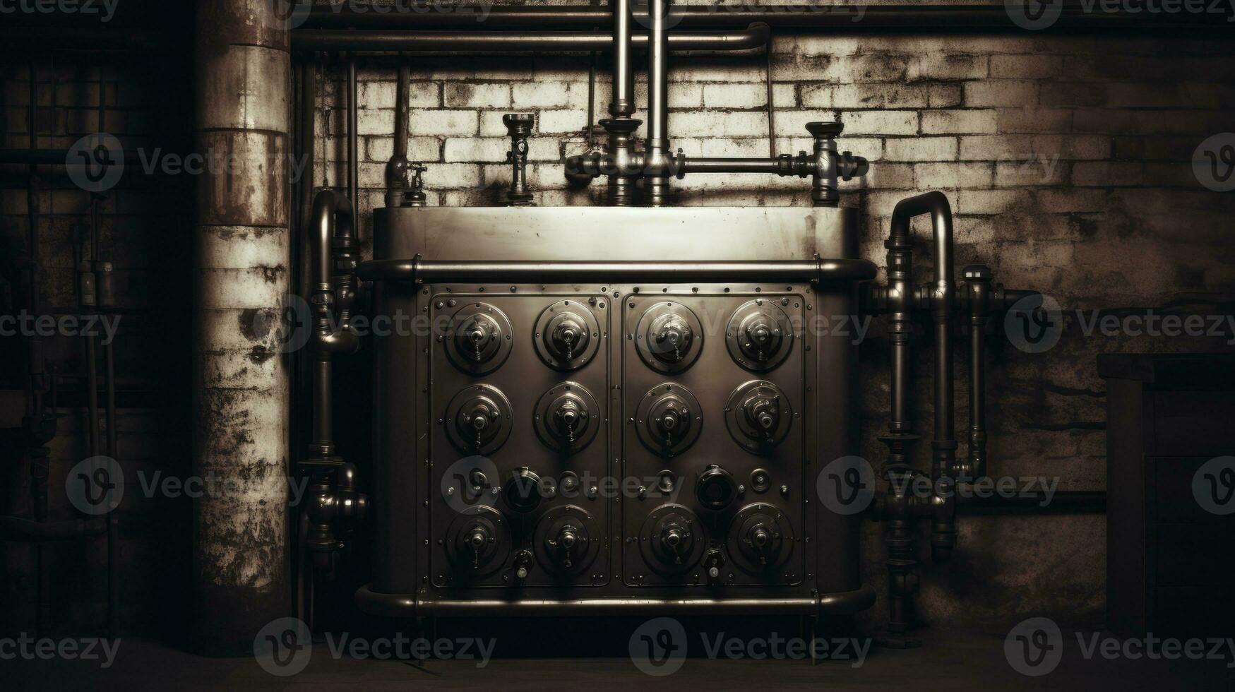 A vintage cast iron boiler in monochrome sepia shades background with empty space for text photo