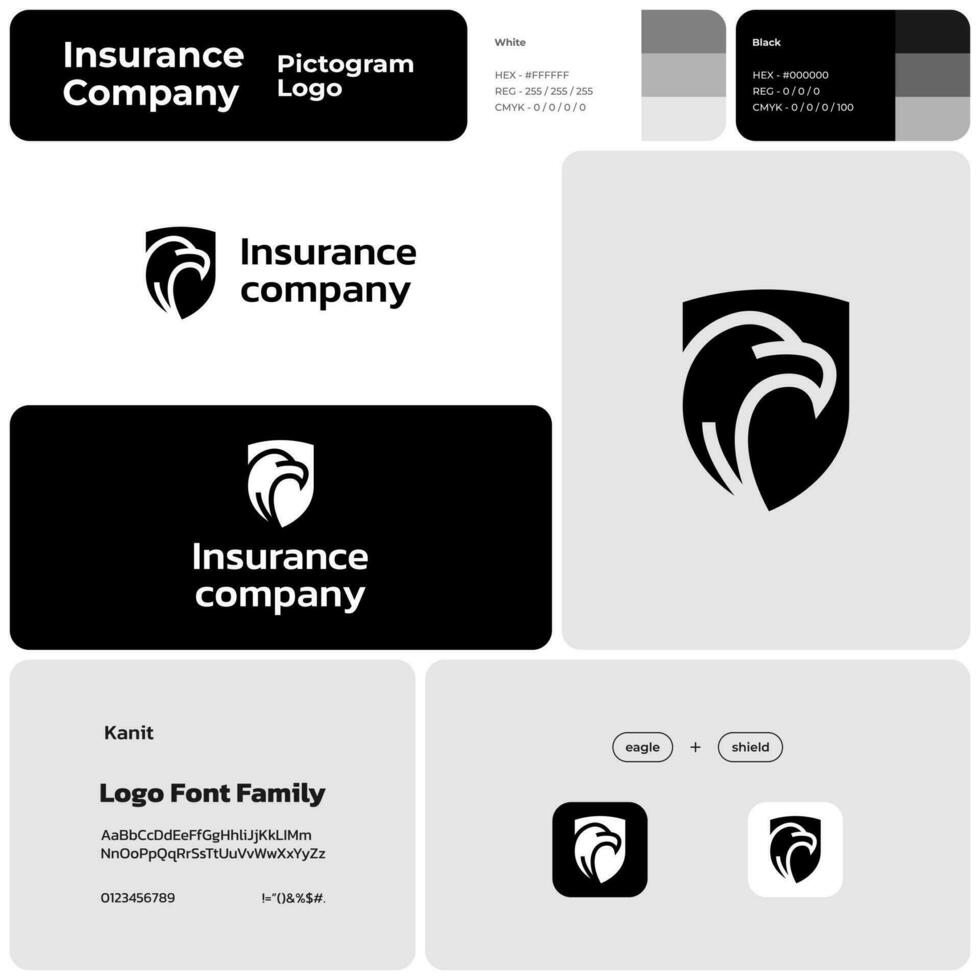 Monochromatic business logo with brand name for insurance company branding. Eagle and shield icon. Design element. Visual identity. Template with kanit font. Suitable for insurance, risk management. vector