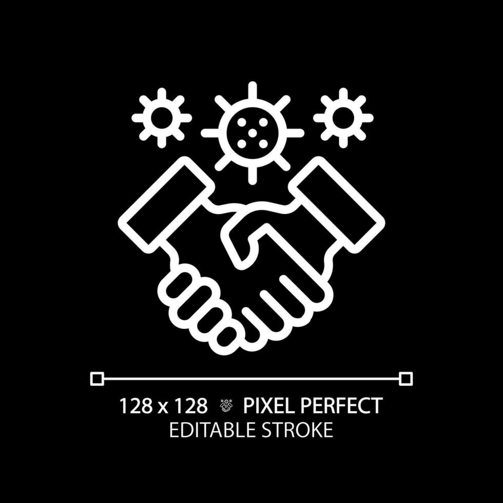 2D pixel perfect editable white handshake with virus icon, isolated monochromatic vector, thin line illustration representing bacteria. vector