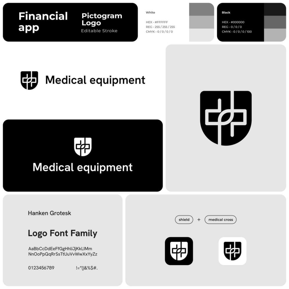 Monochrome medical equipment business logo with brand name. Shield and medical cross icon. Design element and visual identity. Template with hanken grotesk font. Suitable for medical laboratory vector