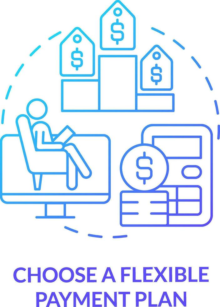 2D choose a flexible payment plan thin line gradient icon concept, isolated vector, blue illustration representing online therapy. vector