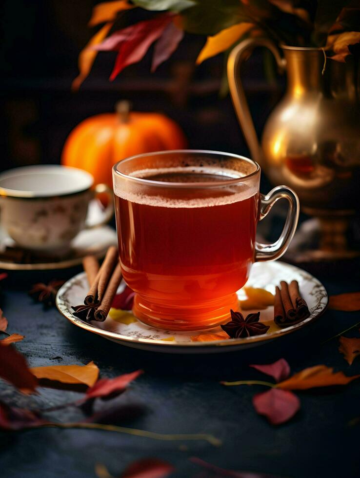 calabaza especia taza de té valores foto, acogedor la hora del té otoño beber, generativo ai foto