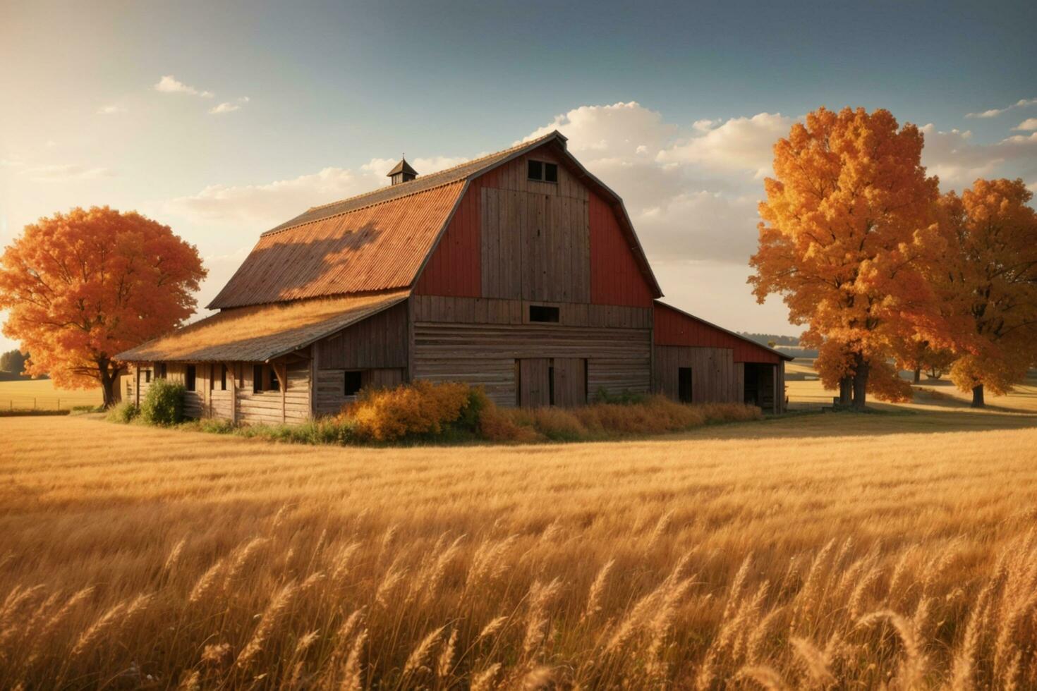 an old barn sits in the middle of a field AI Generative photo