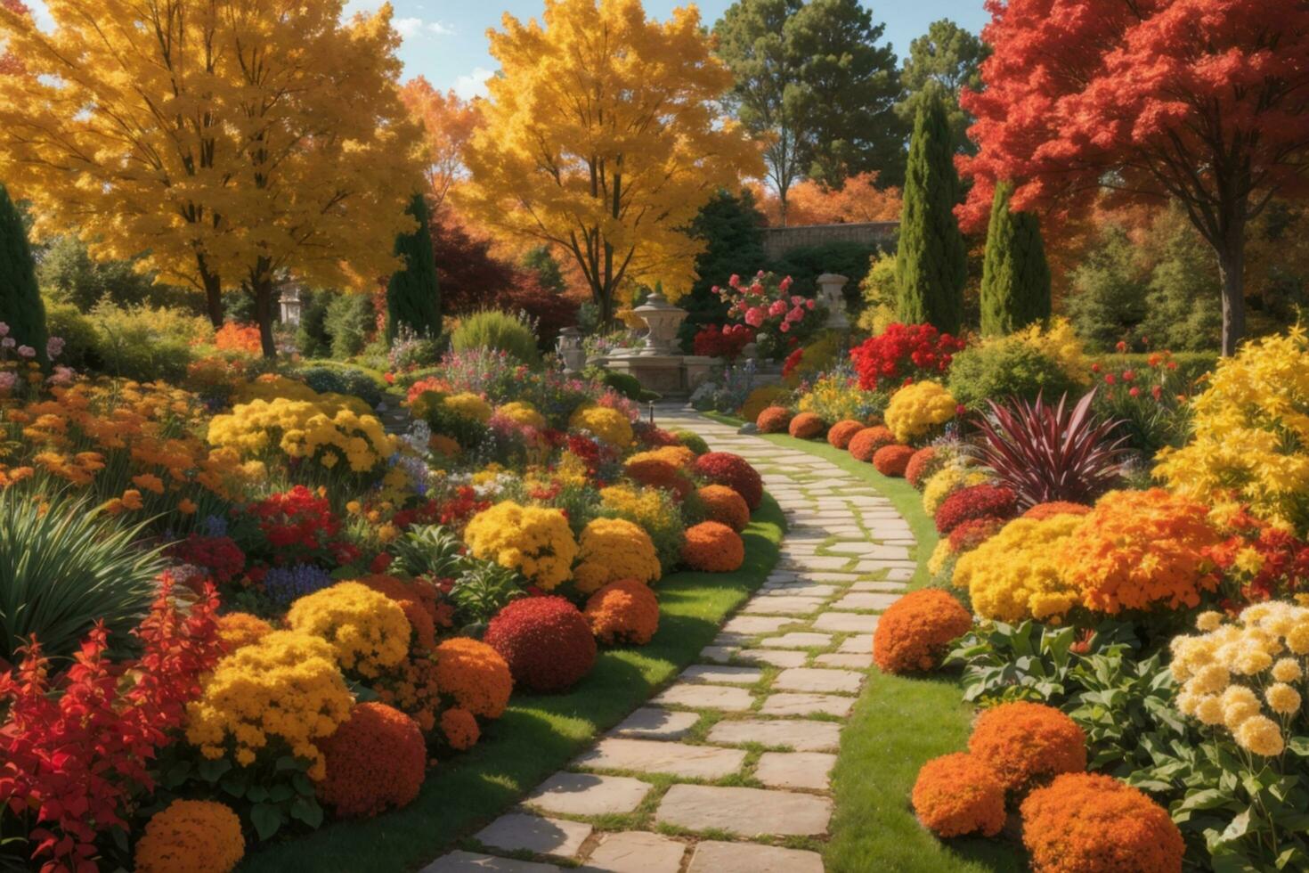 a pathway through a garden with colorful flowers AI Generative photo