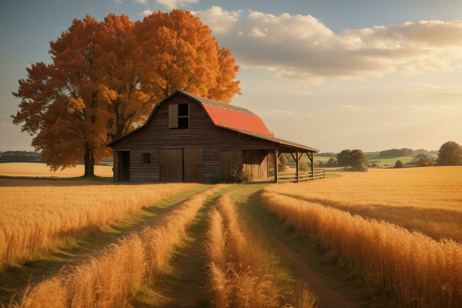 an old barn in a field with a tree in the background AI Generative photo