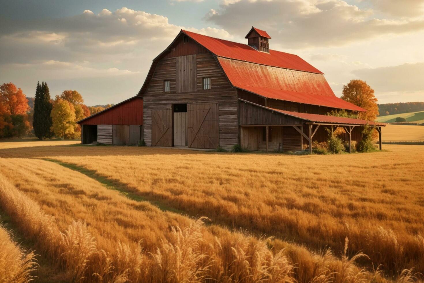 an old barn sits in the middle of a field AI Generative photo