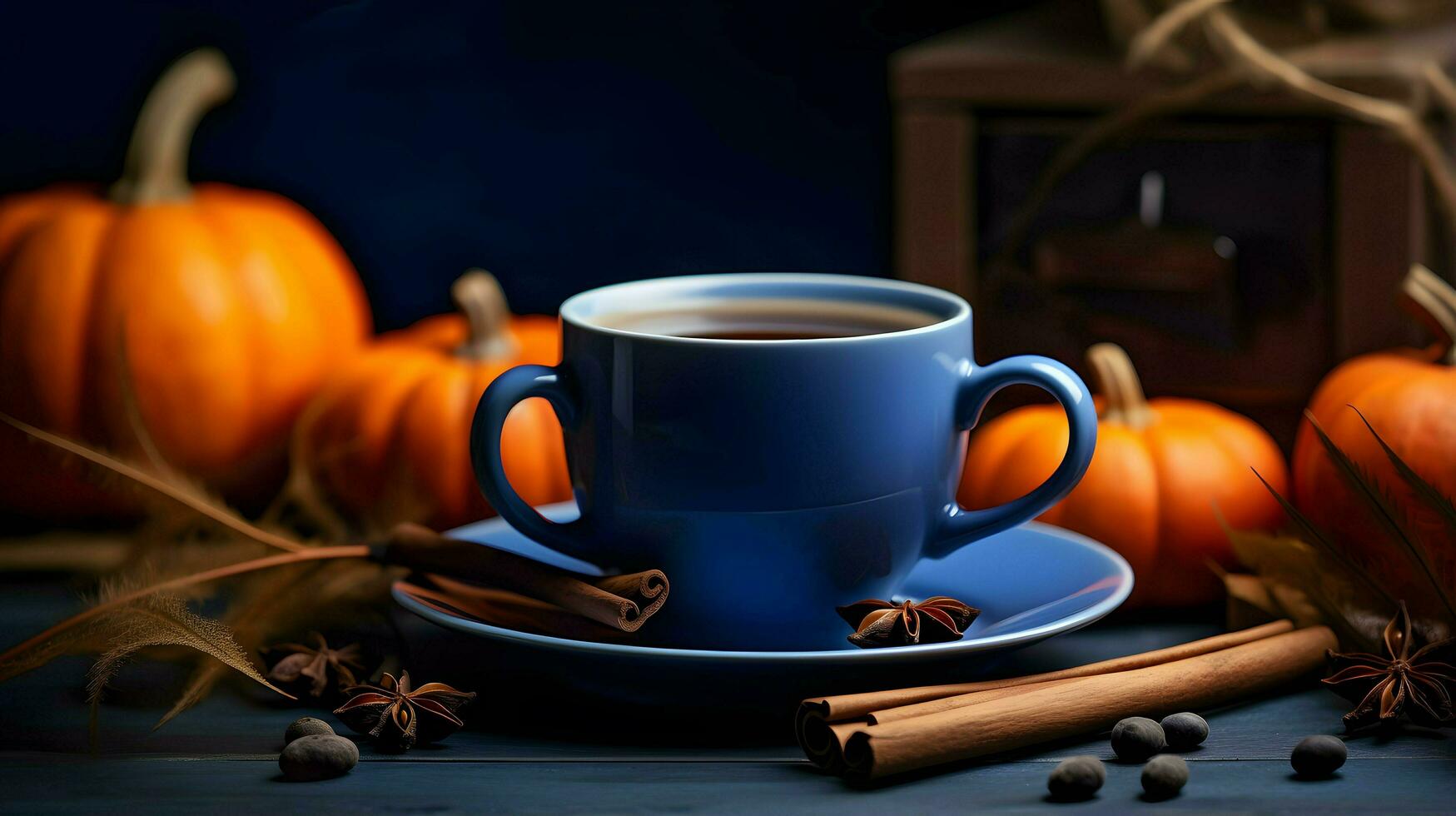 Pumpkin spice cup of tea stock photo, cozy teatime autumn drink, Generative AI photo