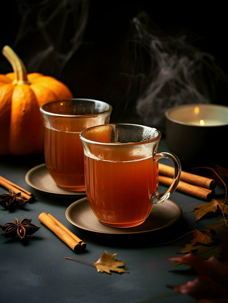 Pumpkin spice cup of tea stock photo, cozy teatime autumn drink, Generative AI photo